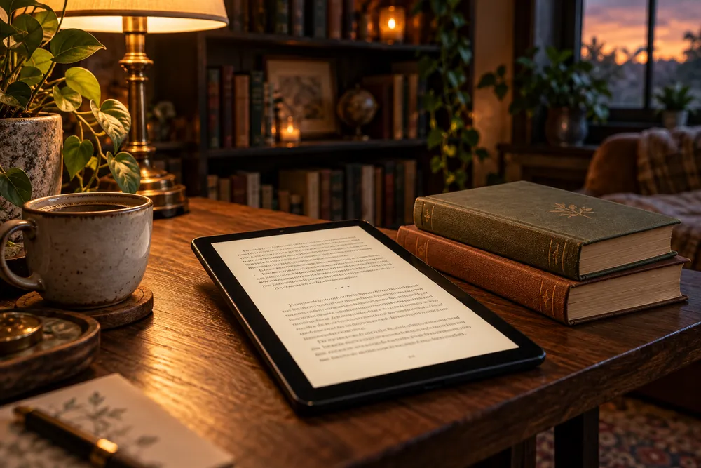 A quiet reading setup with a tablet and books